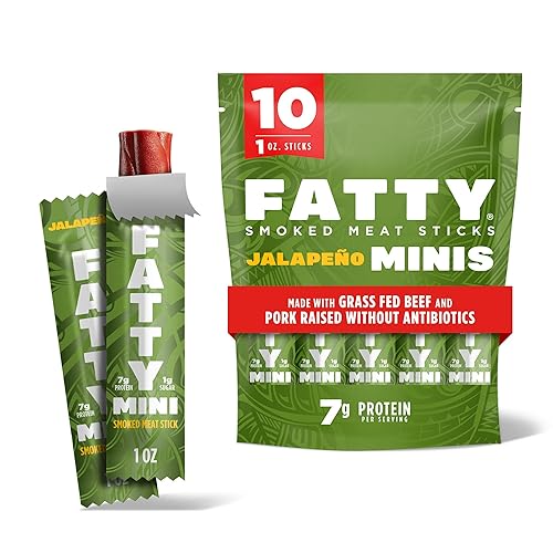 FATTY Mini Meat Sticks, Made with Grass Fed Beef, Pork Raised Without Antibiotics, 7g Protein Per Stick, Jalapeno Minis, 1 oz. Snack Size (Pack of 10)
