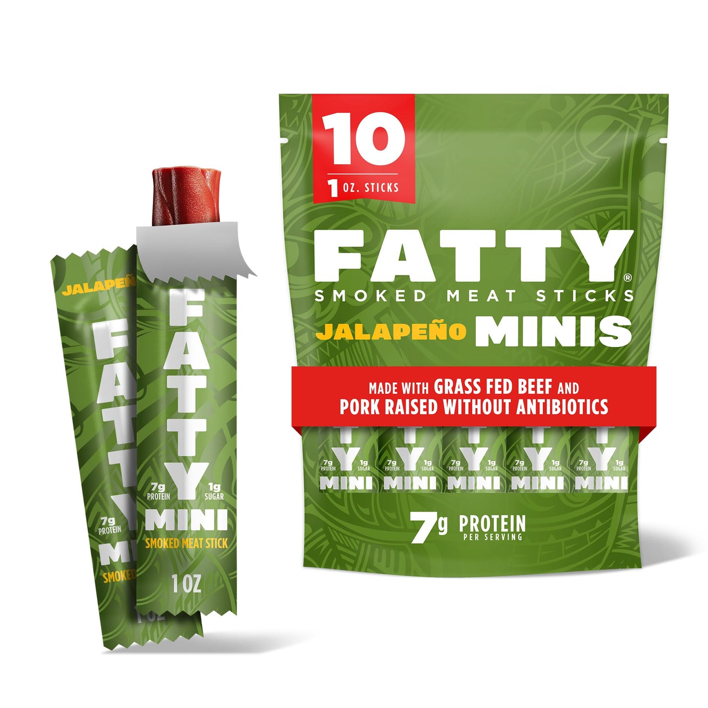 FATTY Mini Meat Sticks, Made with Grass Fed Beef, Pork Raised Without Antibiotics, 7g Protein Per Stick, Jalapeno Minis, 1 oz. Snack Size (Pack of 10)