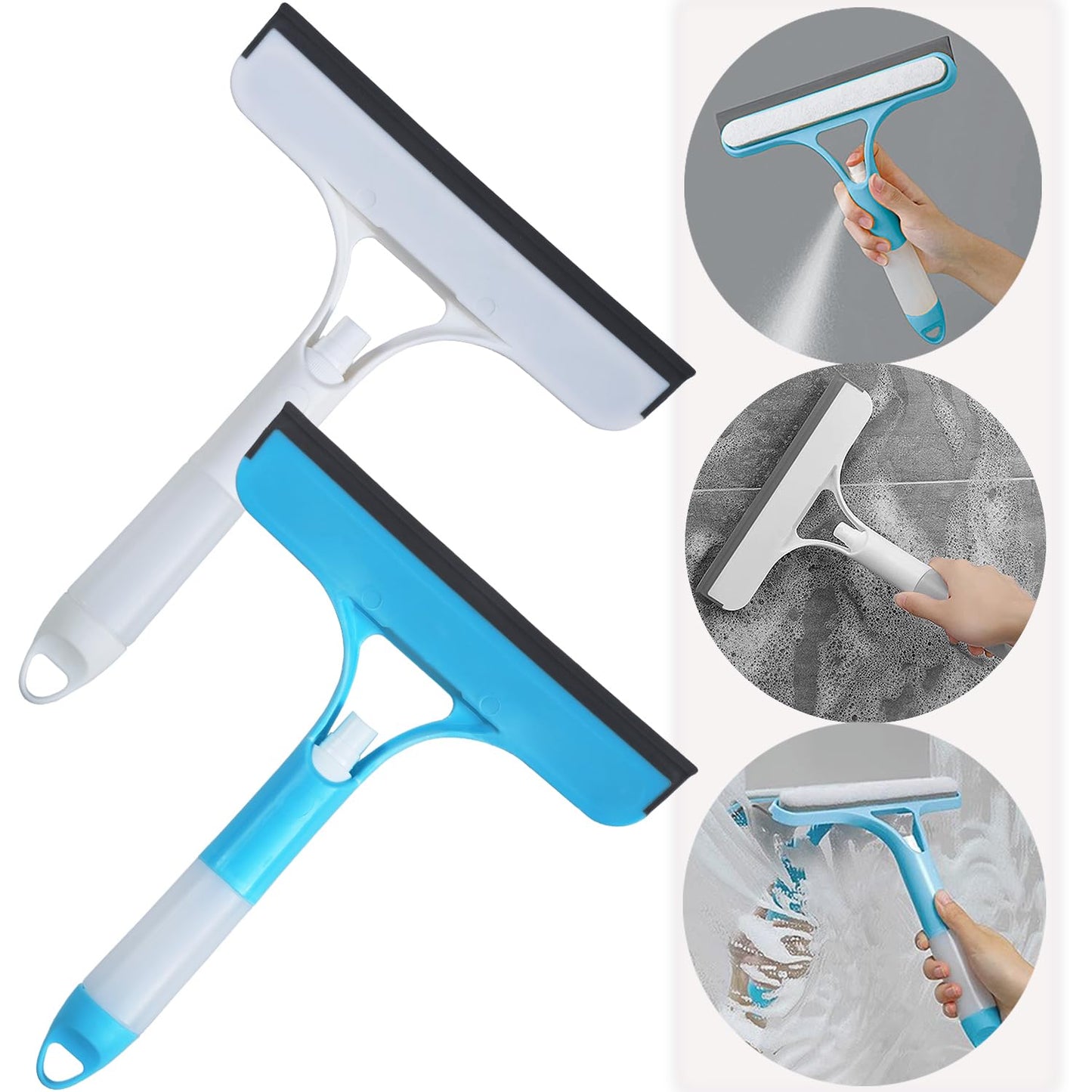 2 Pack All-Purpose Shower Squeegee for Shower Glass Door, Shower Glass Cleaner Squeegee with Spray, Washer, Wiper, 3 Functions in 1, Perfect Household
