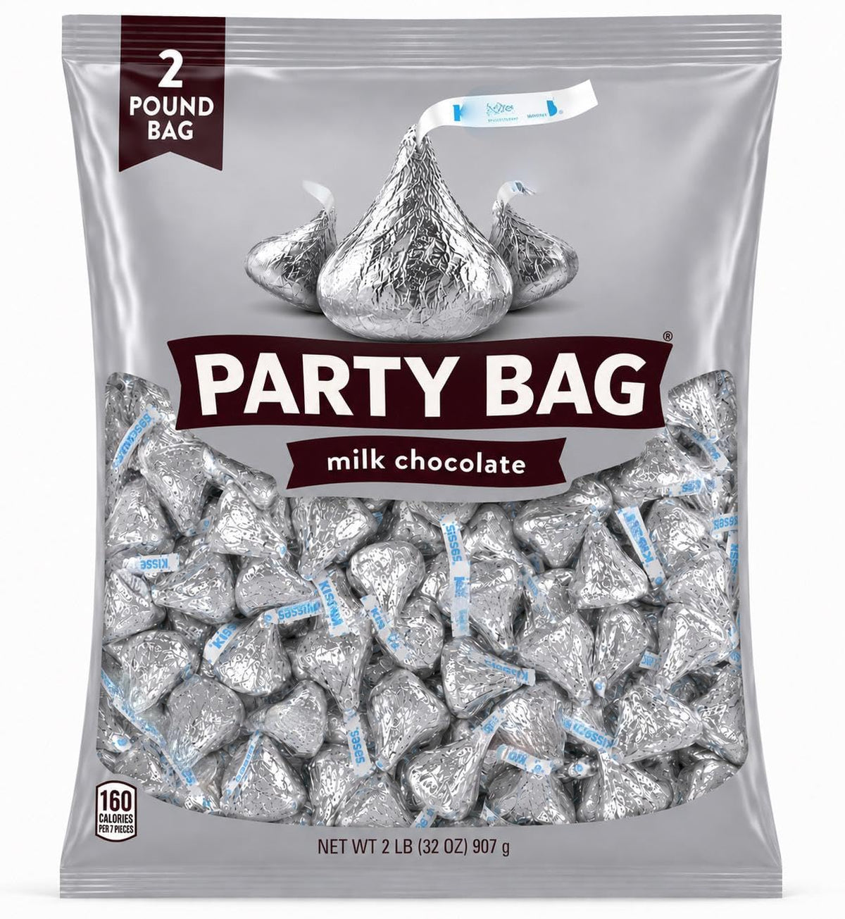 Silver Foiled Classic Milk Chocolate Hersys Kises - 2 Pounds approx 200 pieces of Chocolate Candy Individually Wrapped - Ideal for Snacking