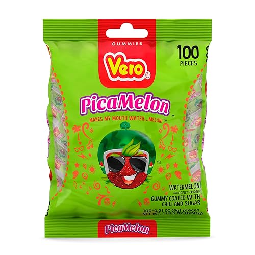 Vero Picamelon - Watermelon Flavored Chewy Gummy Treats Coated in Chili Powder 100 Pieces (Net Wt. 1 Lb, 5,15 Ounces) - Individually Wrapped Mexican