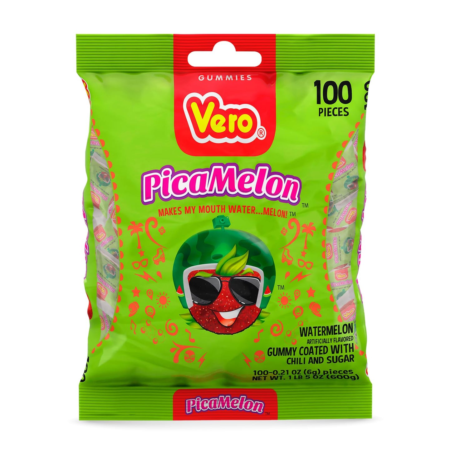 Vero Picamelon - Watermelon Flavored Chewy Gummy Treats Coated in Chili Powder 100 Pieces (Net Wt. 1 Lb, 5,15 Ounces) - Individually Wrapped Mexican