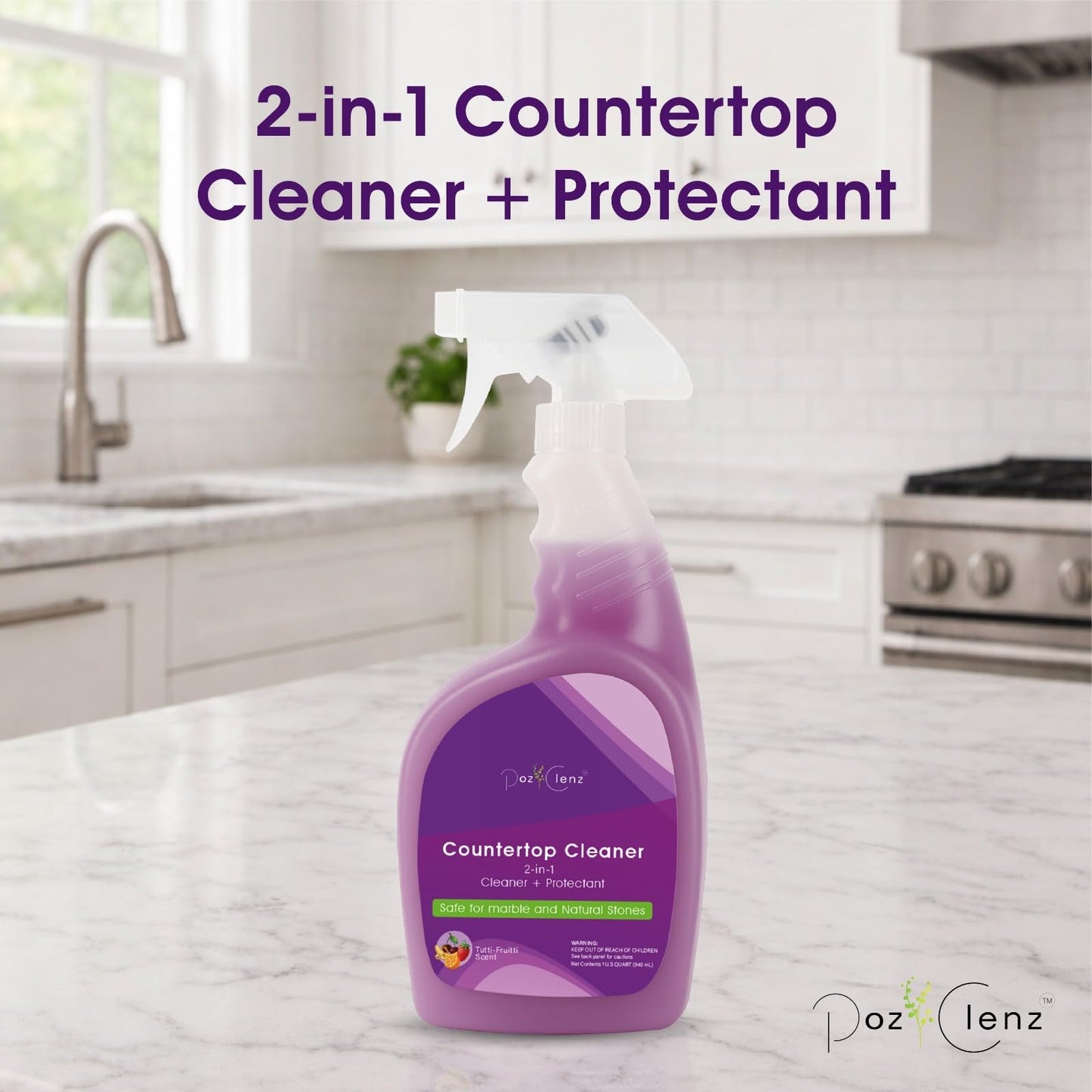 Poz Clenz 2-in-1 Countertop Cleaner + Protectant. Neutral pH Formula for Marble, Granite, Quartz & Engineered Stone. Safe Around Stainless Steel & All