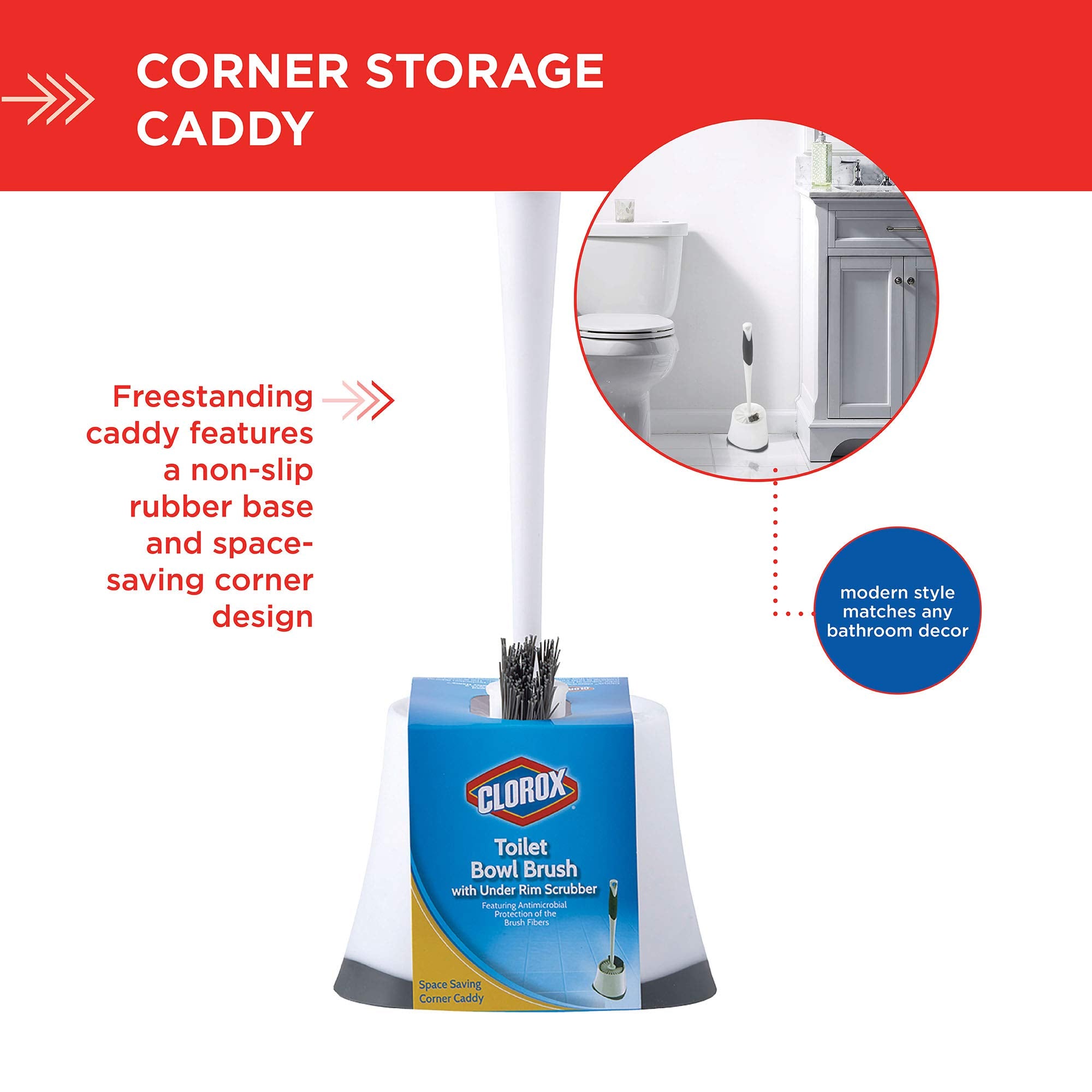 Clorox Under-Rim Toilet Bowl Brush with Corner Storage Caddy, 16 x 5 x 5.5 in
