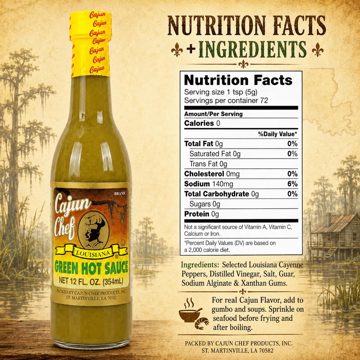 Cajun Chef Green Louisiana Hot Sauce 12 oz (Pack of 3) - Mild Green Cayenne Pepper Sauce Made with Louisiana Peppers, Cajun Style Hot Sauce for Gumbo
