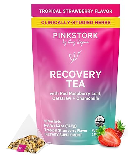 Pink Stork Postpartum Recovery® Herbal Tea, Organic Red Raspberry Leaf with Chamomile, Hormone Balance for Women After Labor & Delivery, Strawberry