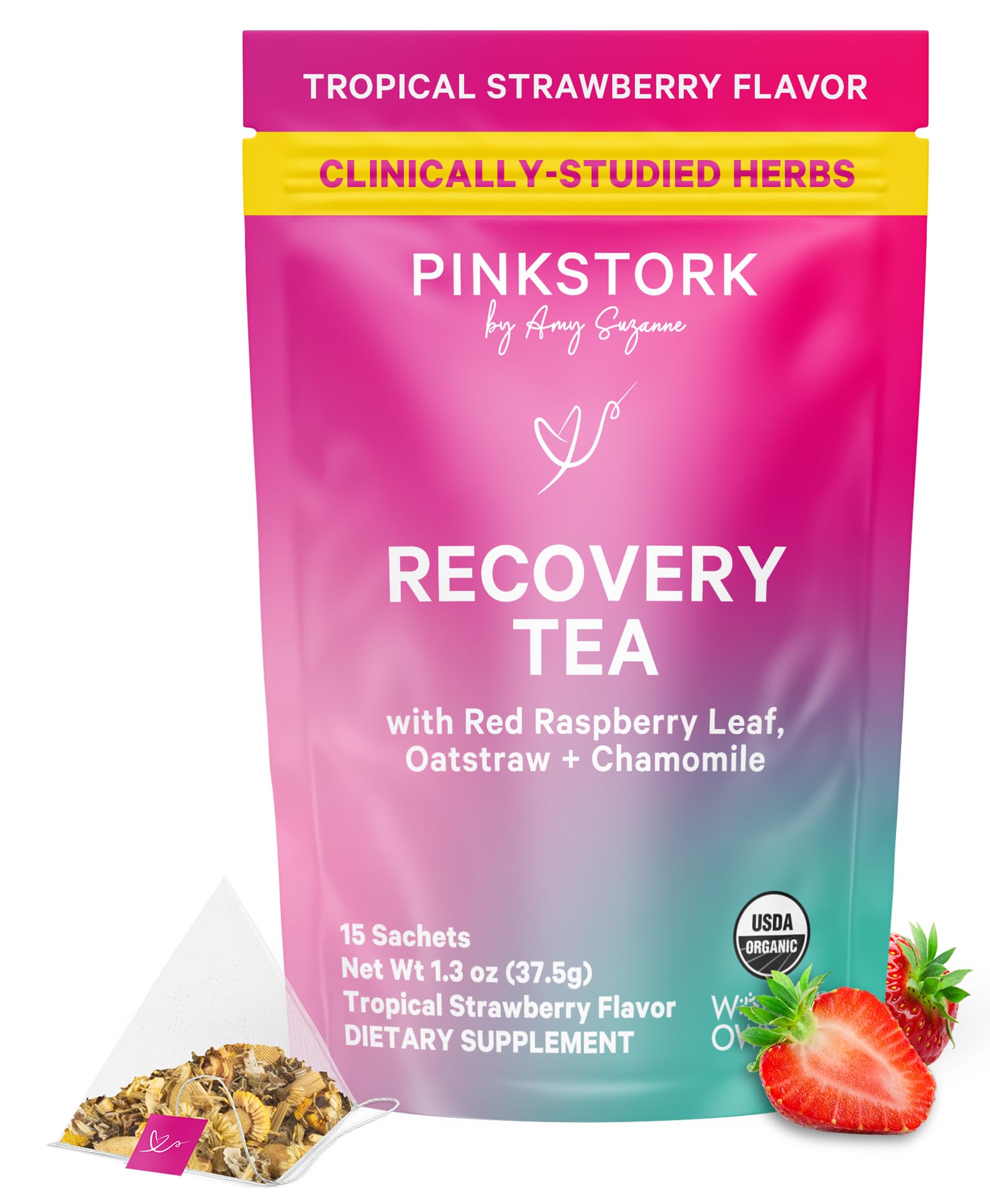 Pink Stork Postpartum Recovery® Herbal Tea, Organic Red Raspberry Leaf with Chamomile, Hormone Balance for Women After Labor & Delivery, Strawberry