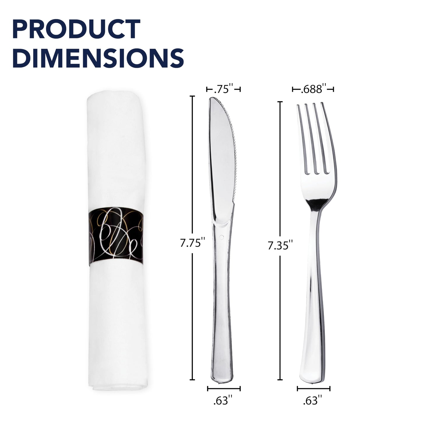 Party Essentials Party Supplies Wrapped Silverware Set Disposable, Pre Rolled Napkin and Cutlery, Forks/Knives Silver, 50 Units