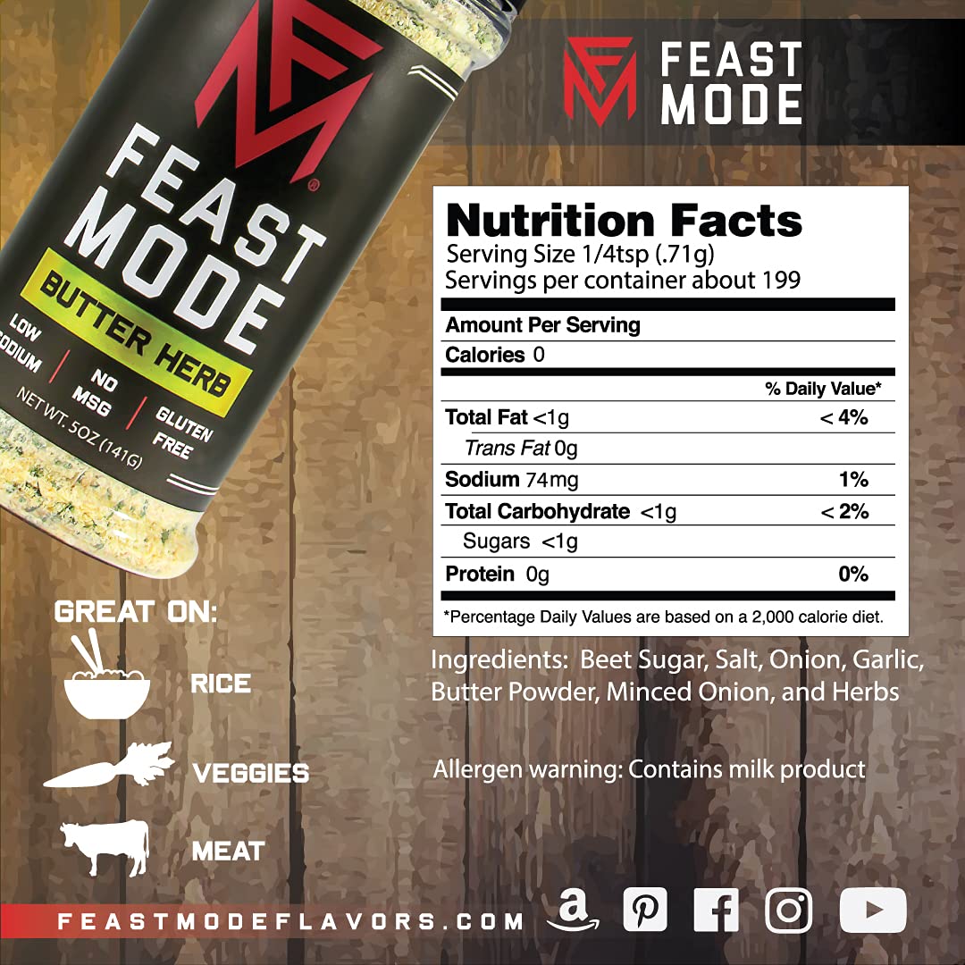 Butter Herb - Feast Mode Flavors - Low Sodium, No MSG, Gluten Free, All Natural, Meal Prep Seasoning, Healthy, Onion, Butter Powder, Parsley