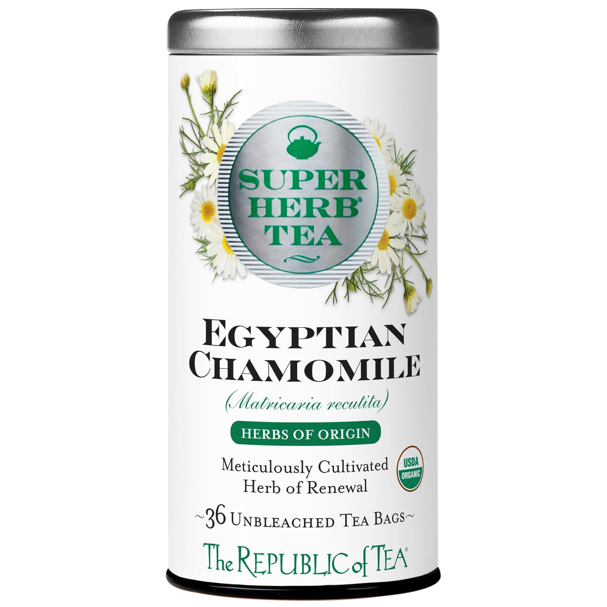 The Republic of Tea - Organic Egyptian Chamomile SuperHerb Tea Tin, 36 Herbal Tea Bags, Naturally Caffeine-Free Herbs of Origin