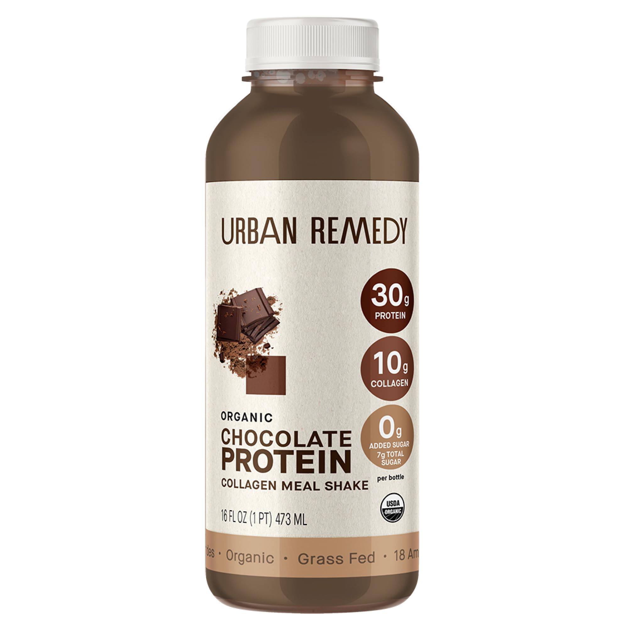 Urban Remedy Chocolate Protein Collagen Meal Shake, 16 oz - 30g Protein, 10g Organic Grass-Fed Collagen, No Added Sugar, Dairy-Free