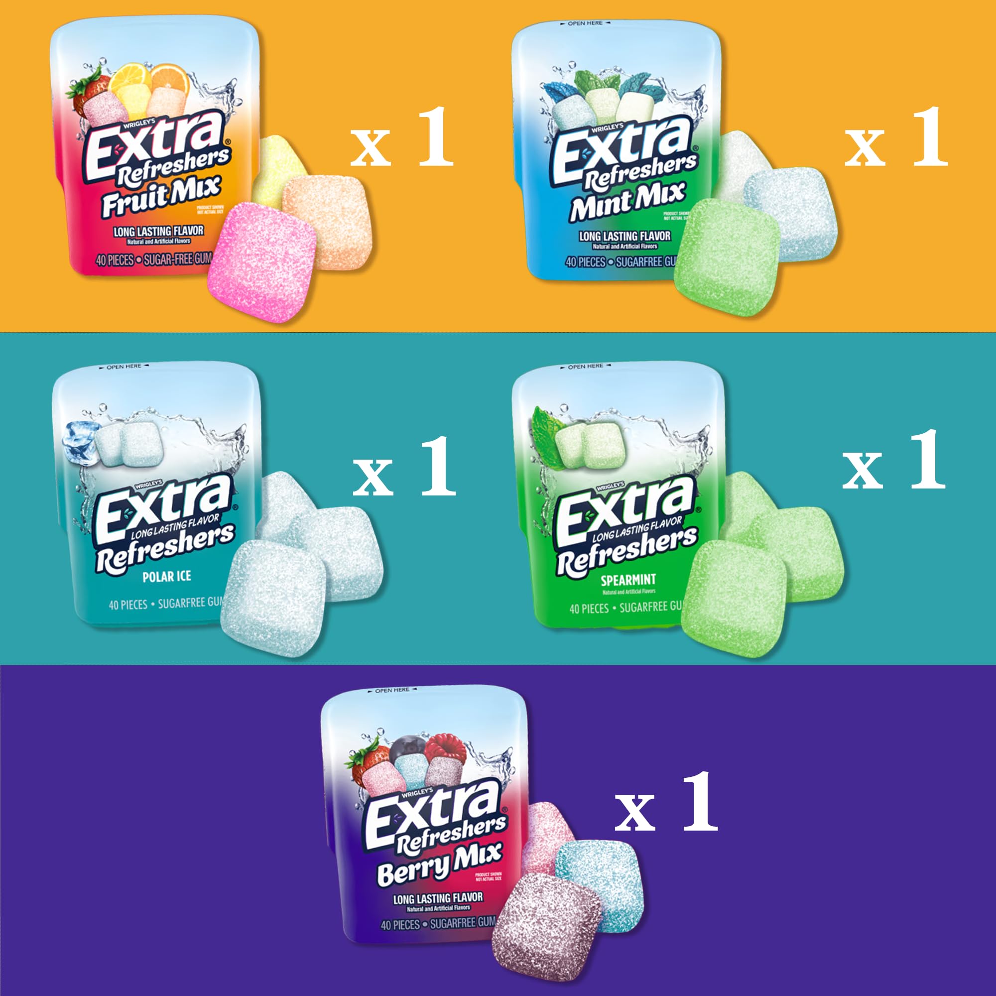Sugar Free Gum Variety 5 Pack- Mint, Fruit Mix, Polar Ice, Spearmint, Berry (40 Piece Bottle, 5 Pack)