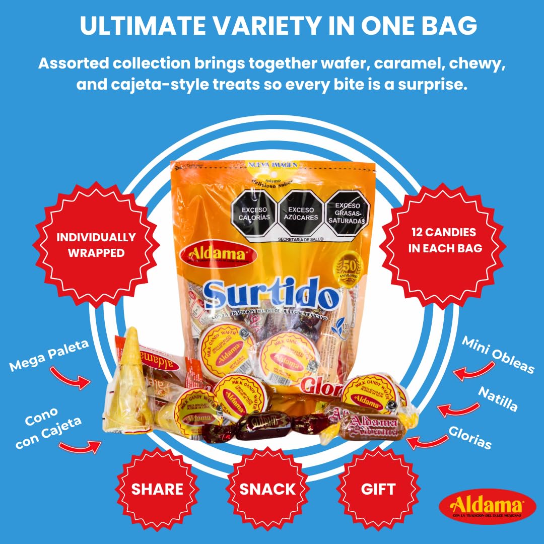 ALDAMA Megasurtido Bag (12-Count) - Assorted Mexican Candy | Wafer, Caramel & Chewy Traditional Sweets | Authentic Latin Flavor Variety Pack
