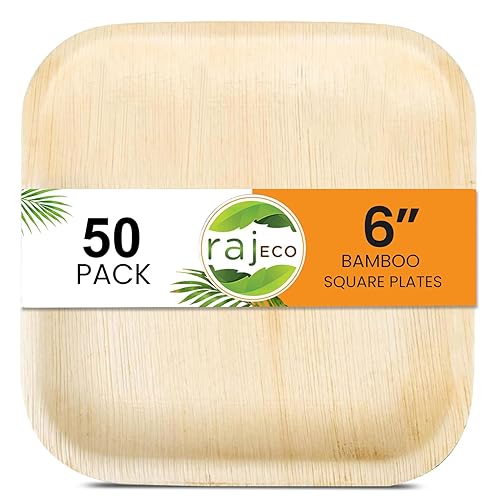 Raj Eco Compostable Palm Leaf Plates Like Bamboo Plates Disposable - 6 Inch Square 50 Party Plate, Natural Wooden, Eco-Friendly, Fancy Biodegradable