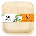 Raj Eco Compostable Palm Leaf Plates Like Bamboo Plates Disposable - 6 Inch Square 50 Party Plate, Natural Wooden, Eco-Friendly, Fancy Biodegradable