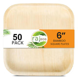 Raj Eco Compostable Palm Leaf Plates Like Bamboo Plates Disposable - 6 Inch Square 50 Party Plate, Natural Wooden, Eco-Friendly, Fancy Biodegradable