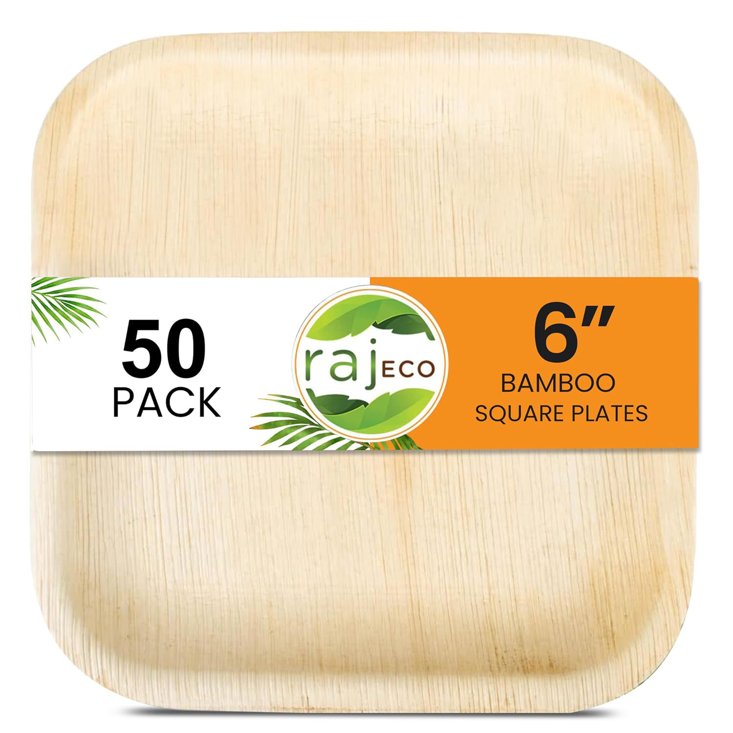 Raj Eco Compostable Palm Leaf Plates Like Bamboo Plates Disposable - 6 Inch Square 50 Party Plate, Natural Wooden, Eco-Friendly, Fancy Biodegradable
