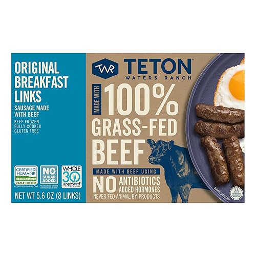 Teton Waters Ranch Breakfast Sausage Links, 100% Grass-Fed Beef, Fully Cooked Breakfast Sausage, Frozen, No Sugar Added, No Nitrites or Nitrates