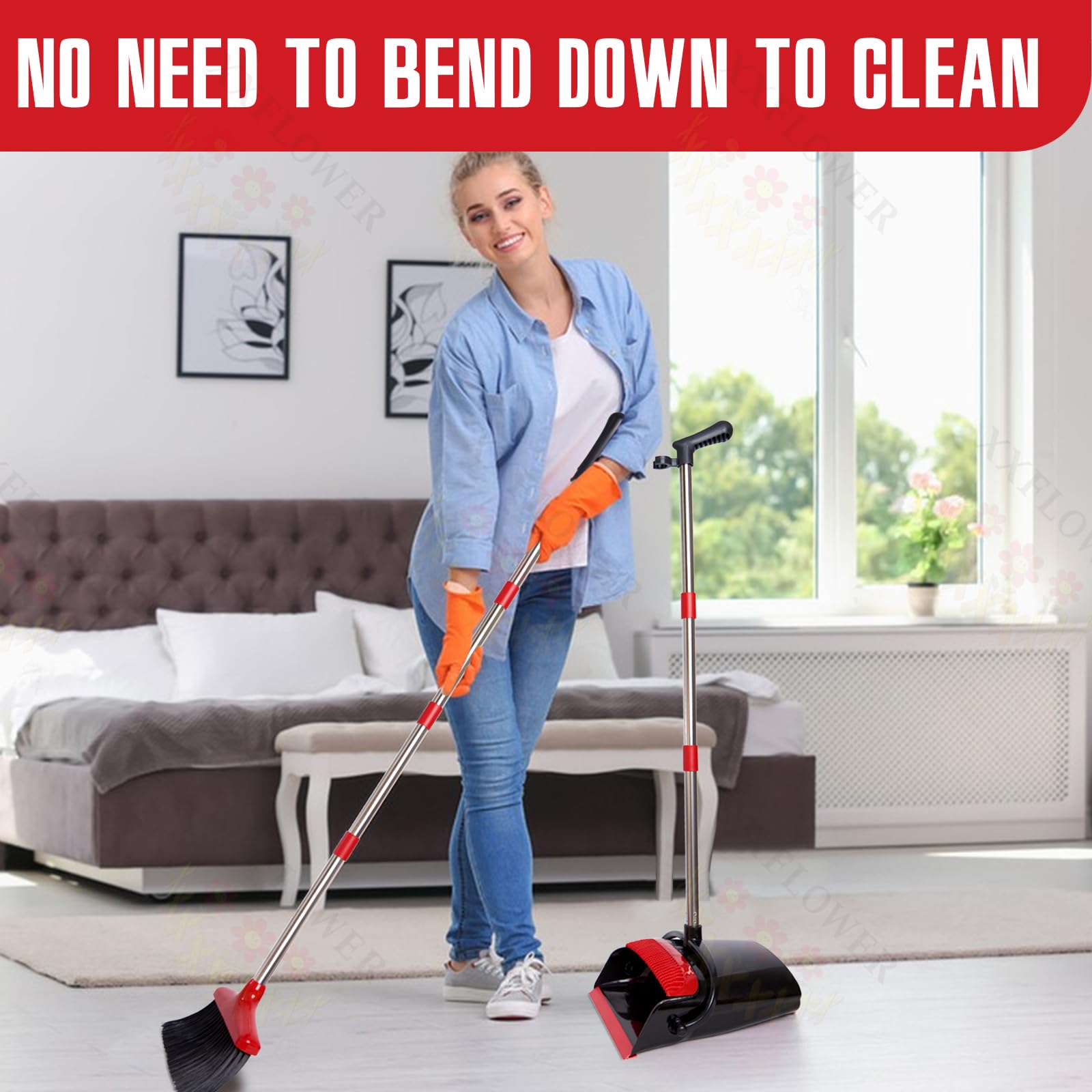 XXFLOWER Broom and Dustpan Set with Long Handle, Light Weight Stainless Steel Poles Stand Upright Dustpans with Broom Combo for Home Kitchen Office