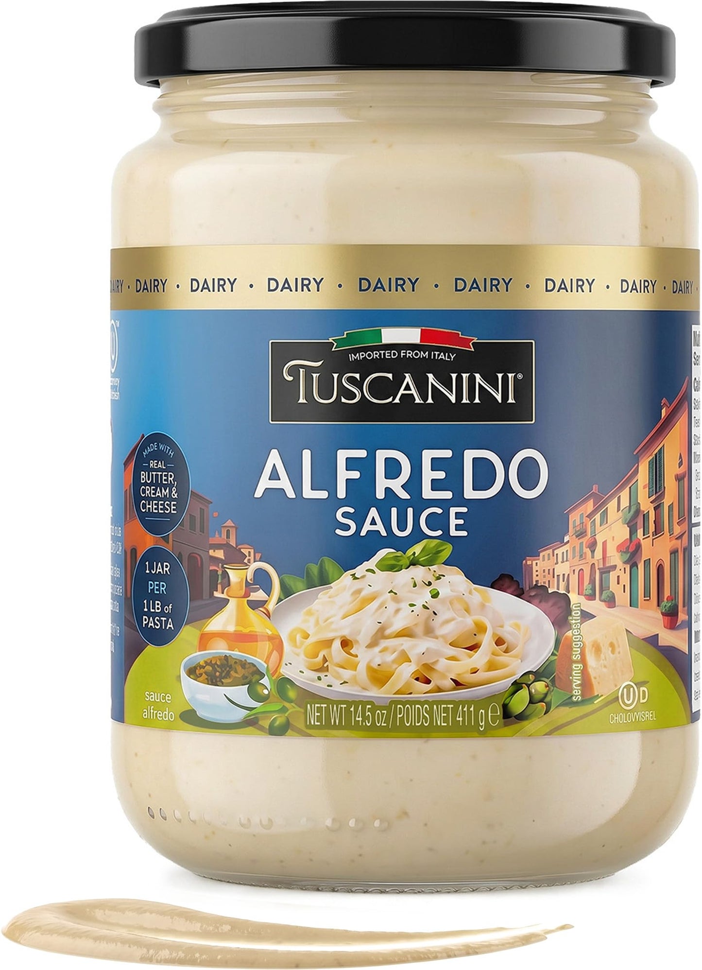 Tuscanini Alfredo Sauce, 14.1 oz | Imported from Italy | Made with Real Butter, Cream & Cheese | Rich Creamy White Pasta Sauce for Fettuccine