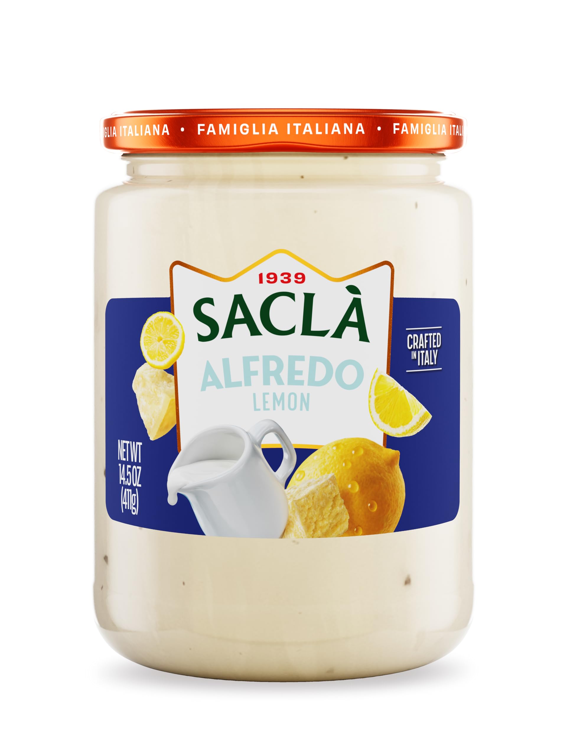 SACLA Alfredo Pasta Sauce with Lemon | Creamy Italian White Pasta Sauce with Cheese & Lemon | 14.5 oz Glass Jar | Imported from Italy | Non-GMO