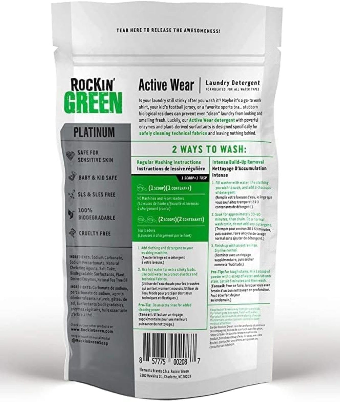 Rockin’ Green Active Wear Laundry Detergent - Unscented Laundry Detergent Powder & Odor Eliminator - Workout Clothes & Sportswear - Safe for Sensitive