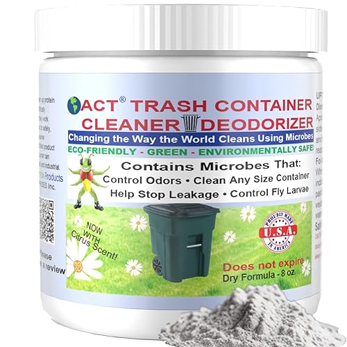 ACT Trash Deodorizer and Cleaner | Eliminates Odors Controls Garbage Sludge | for Garage and Outdoor Bins | Dry Powder Eco-Friendly (8oz)
