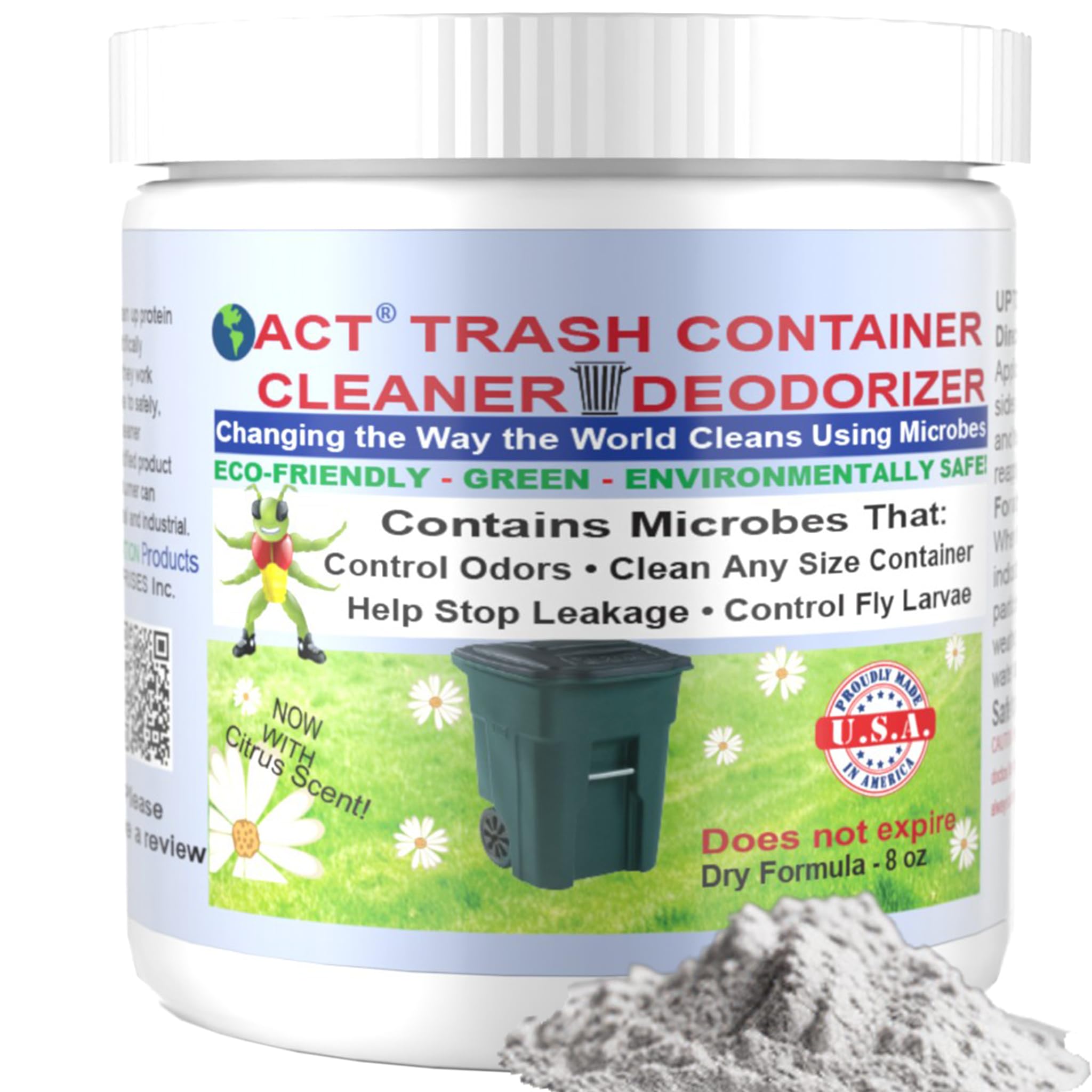 ACT Trash Deodorizer and Cleaner | Eliminates Odors Controls Garbage Sludge | for Garage and Outdoor Bins | Dry Powder Eco-Friendly (8oz)