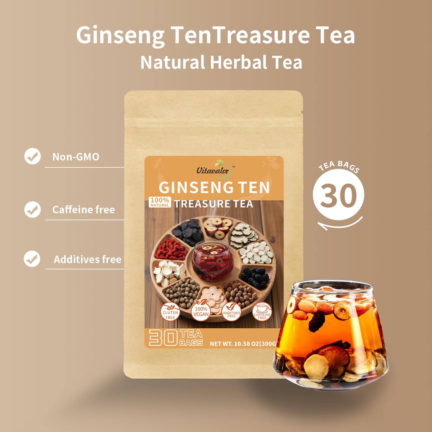 Vitavalor Chinese Traditional Kidney Care Herbal Tea, Ginseng Ten Treasures Tea, Natural Kidney Cleanse Detox Tea for Men & Women, Formula with 10