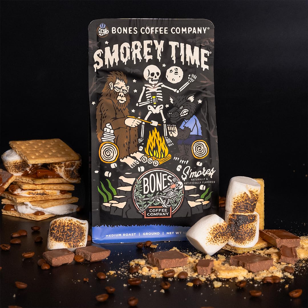Bones Coffee Company S'morey Time, S'mores and Graham Crackers Flavored Coffee, Medium Roast Low Acid Arabica Beans Compatible with Auto drip