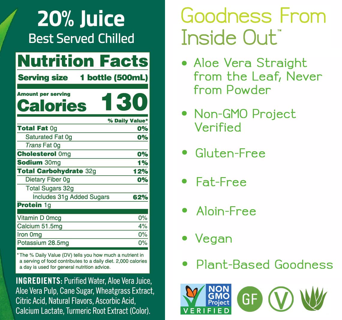 ALO Aloe Vera Juice Drink | AWAKEN - Aloe Vera + Wheatgrass | 16.9 fl oz, Pack of 12 | Plant Based Drink with Real Aloe Vera Pulp