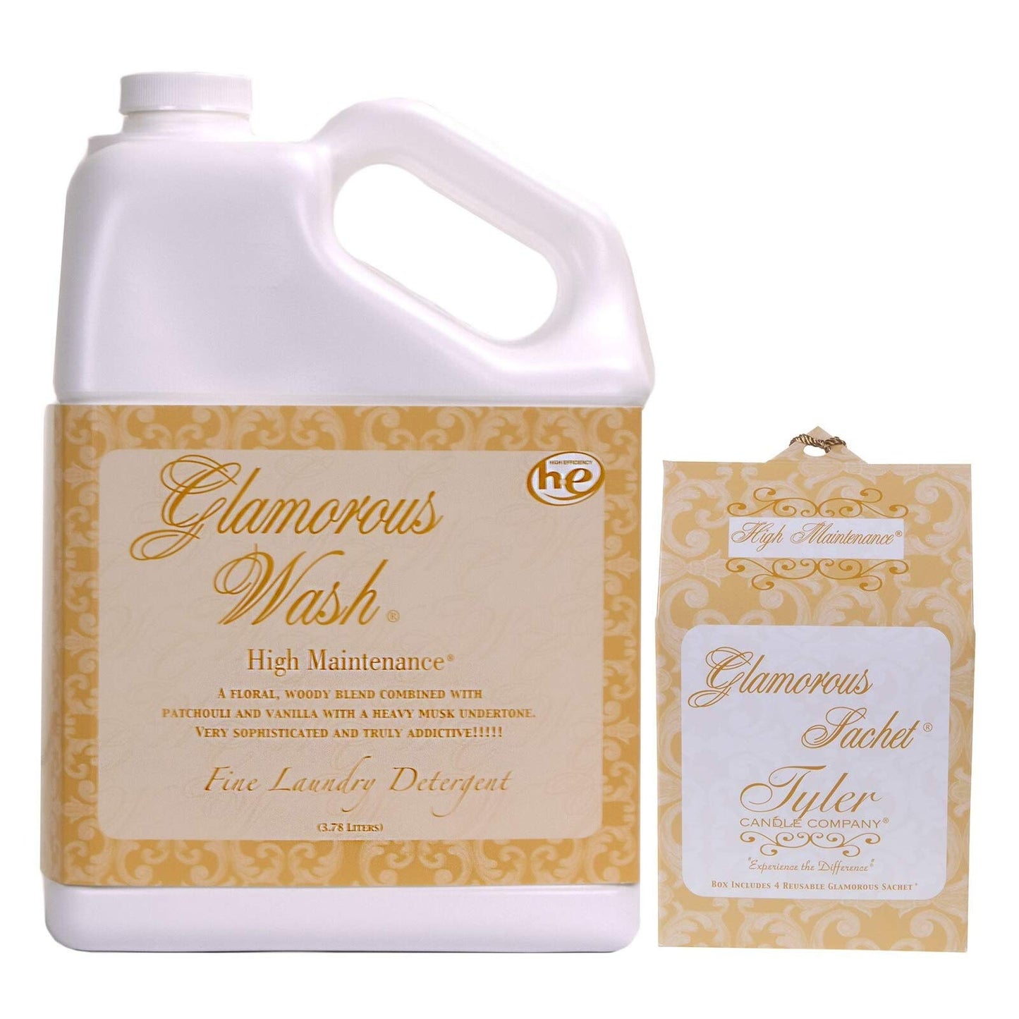 Tyler Candle Glamorous Wash High Maintenance Laundry Detergent 128oz w/High Maintenance Sachets Bundle (128 oz (w/Sachets))