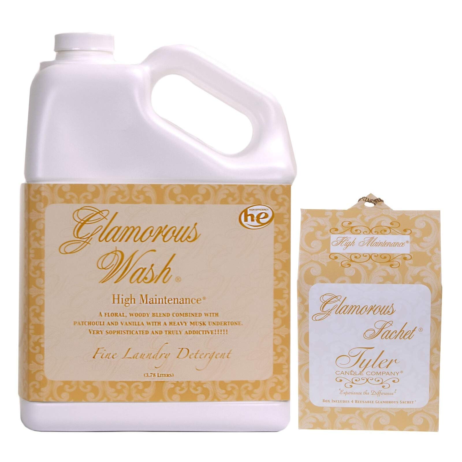 Tyler Candle Glamorous Wash High Maintenance Laundry Detergent 128oz w/High Maintenance Sachets Bundle (128 oz (w/Sachets))