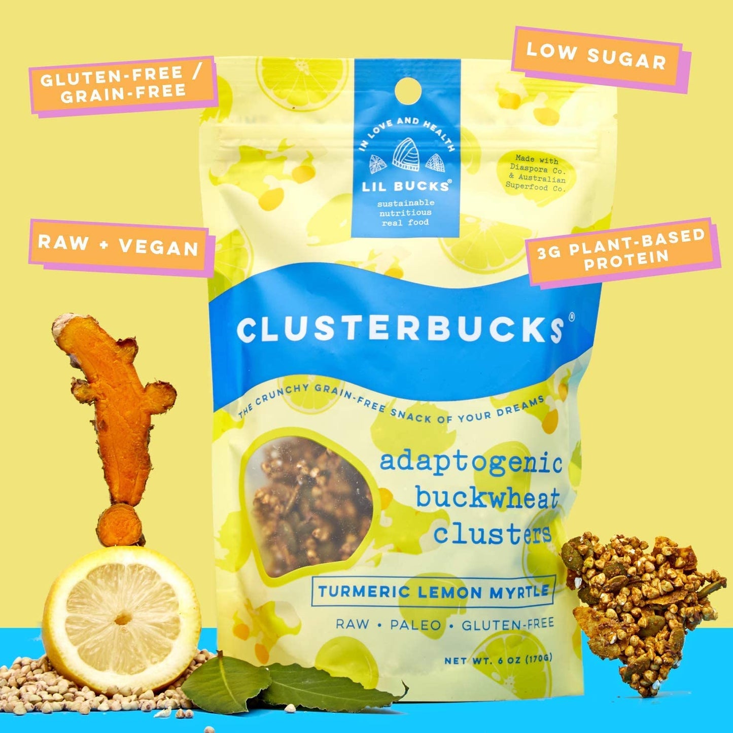 Lil Bucks Clusterbucks Grain-Free Superfood Clusters made with Sprouted Buckwheat and Adaptogens, Gluten Free Snack (Golden Chai w Lemon, 6 Pack)