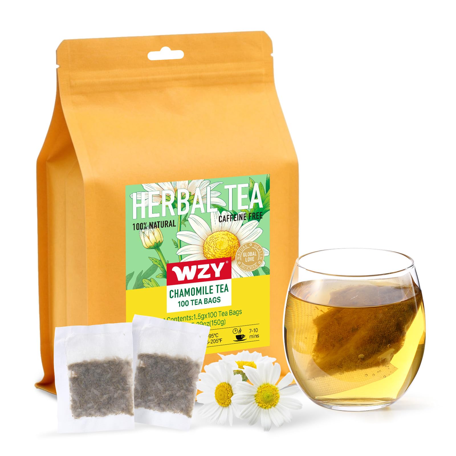 Chamomile Tea Bags, Natural Chamomile Flowers Herbal Tea, Non-GMO - Caffeine-Free, Enjoy Hot or Iced, 100 Teabags, 1.5g/bag (Chamomile Tea)