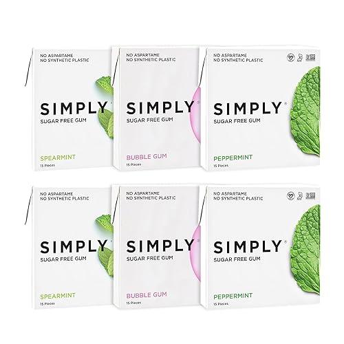 SIMPLY Gum | Dental Gum | Xylitol Chewing Gum- Sugar Free | Variety Pack- Bubblegum, Peppermint, Spearmint | Pack of Six (90 Pieces Total) | Synthetic