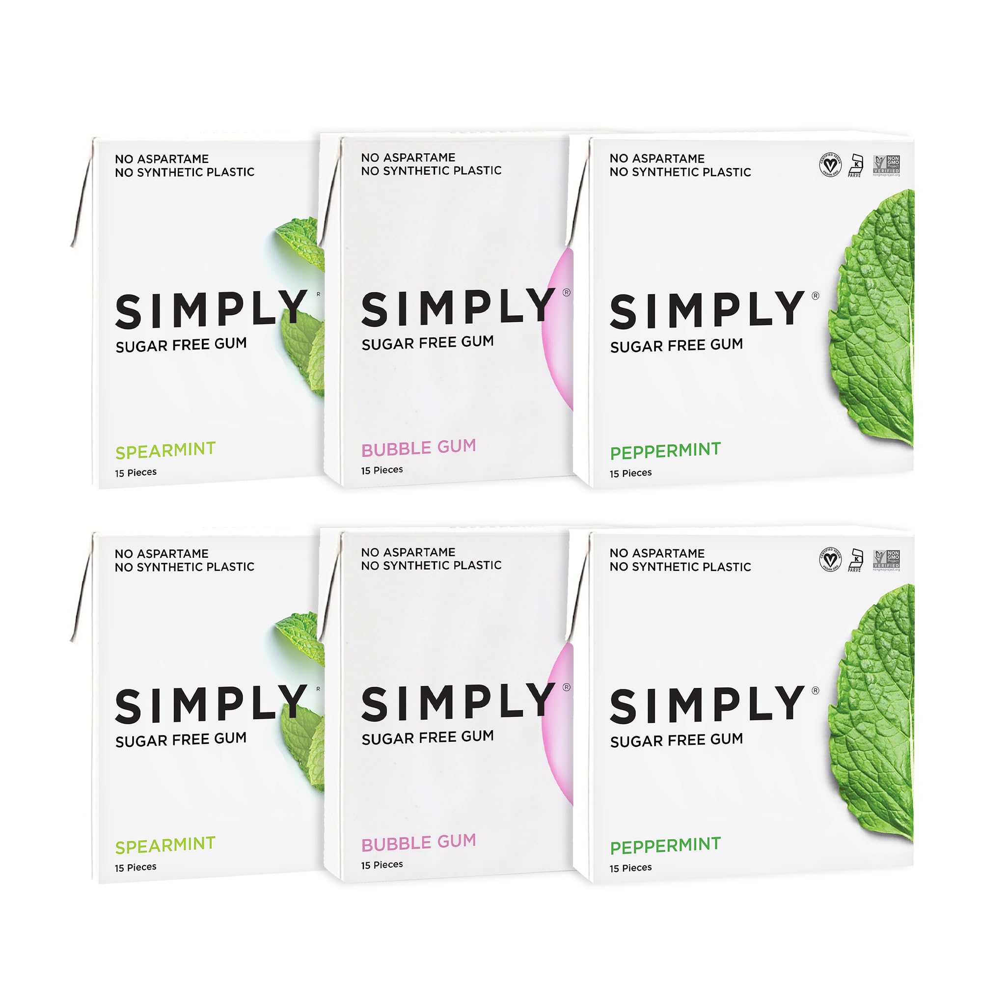 SIMPLY Gum | Dental Gum | Xylitol Chewing Gum- Sugar Free | Variety Pack- Bubblegum, Peppermint, Spearmint | Pack of Six (90 Pieces Total) | Synthetic