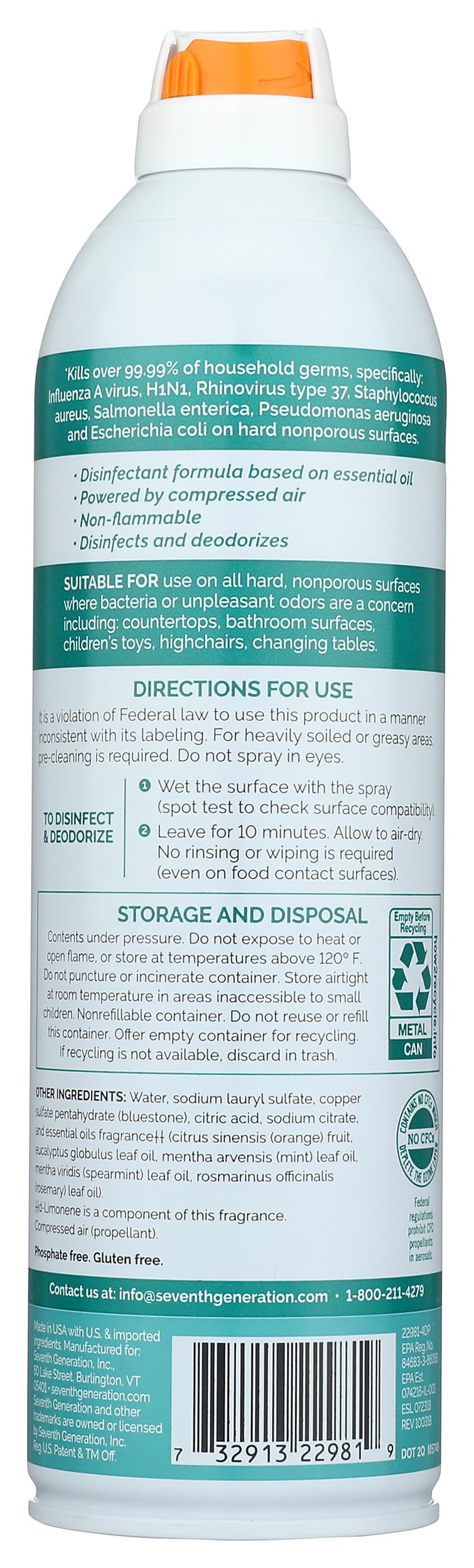 Seventh Generation Disinfecting Spray, Eucalyptus and Thyme, Disinfectant Made from Essential Oil, 13.9 Oz
