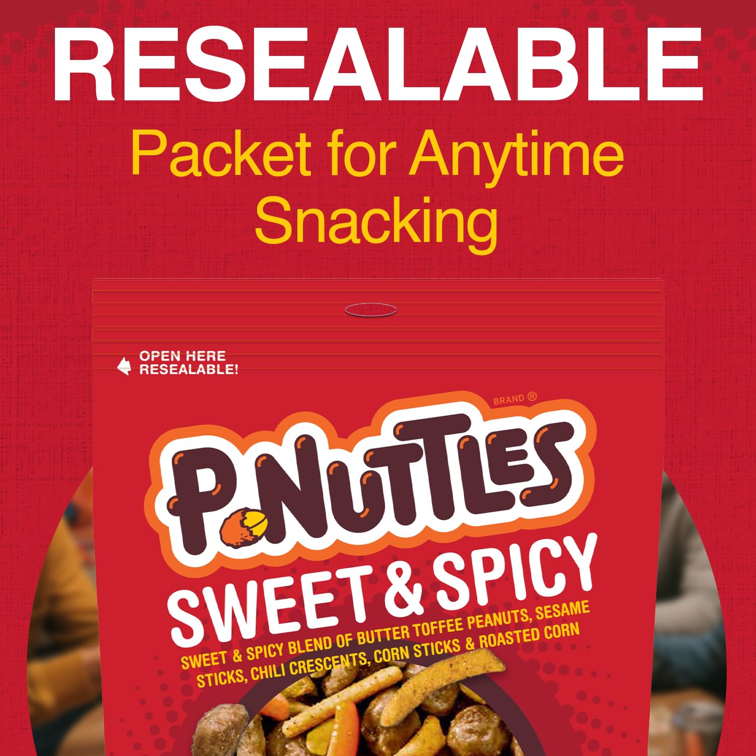 P-Nuttles Sweet & Spicy Snack Mix, 14oz Resealable Bag (Pack of 1) - Butter Toffee Covered Peanuts w/ Sesame Sticks, Chili Crescents, Corn Sticks