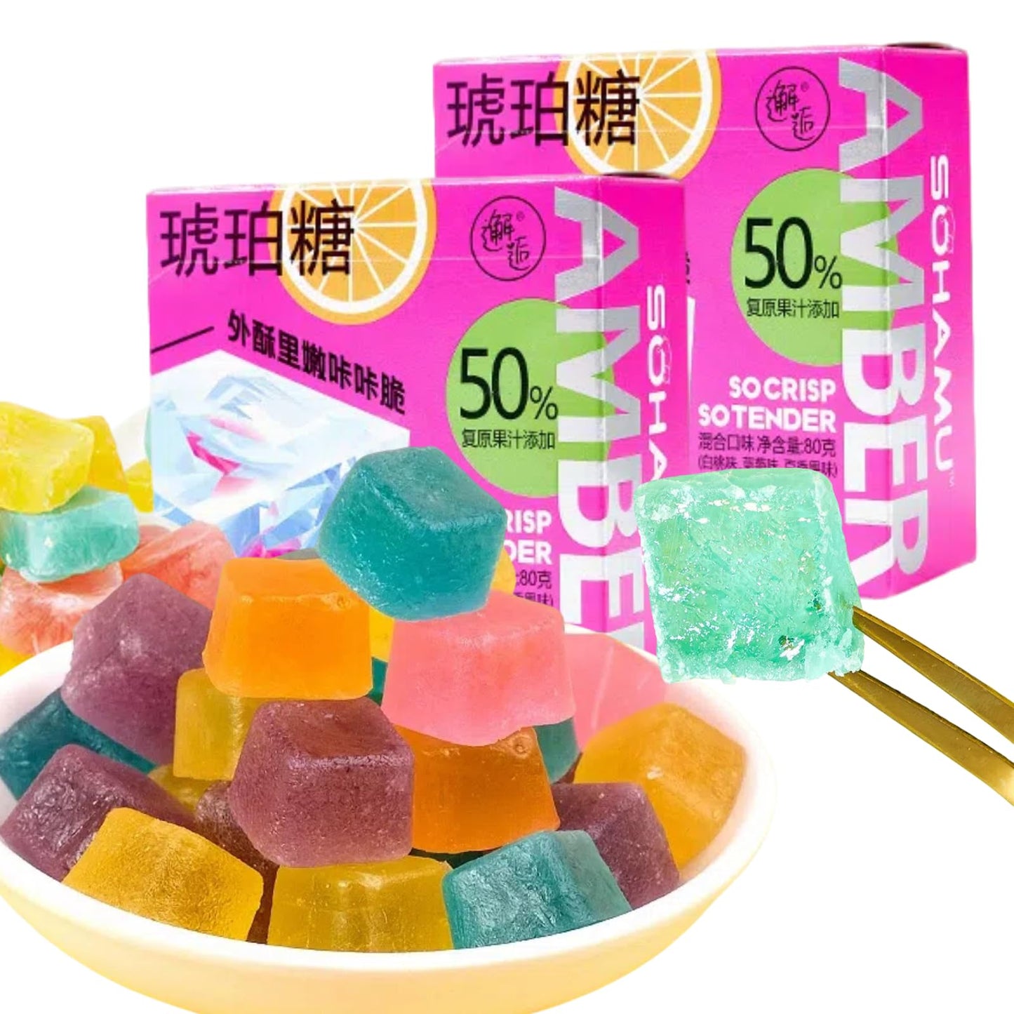 Japanese Kohakutou Amber Candy - 2 Pack (160g): Gluten-Free Edible Crystal Gems, Crispy Shell & Chewy Center | Assorted Fruit Flavors, ASMR Snack