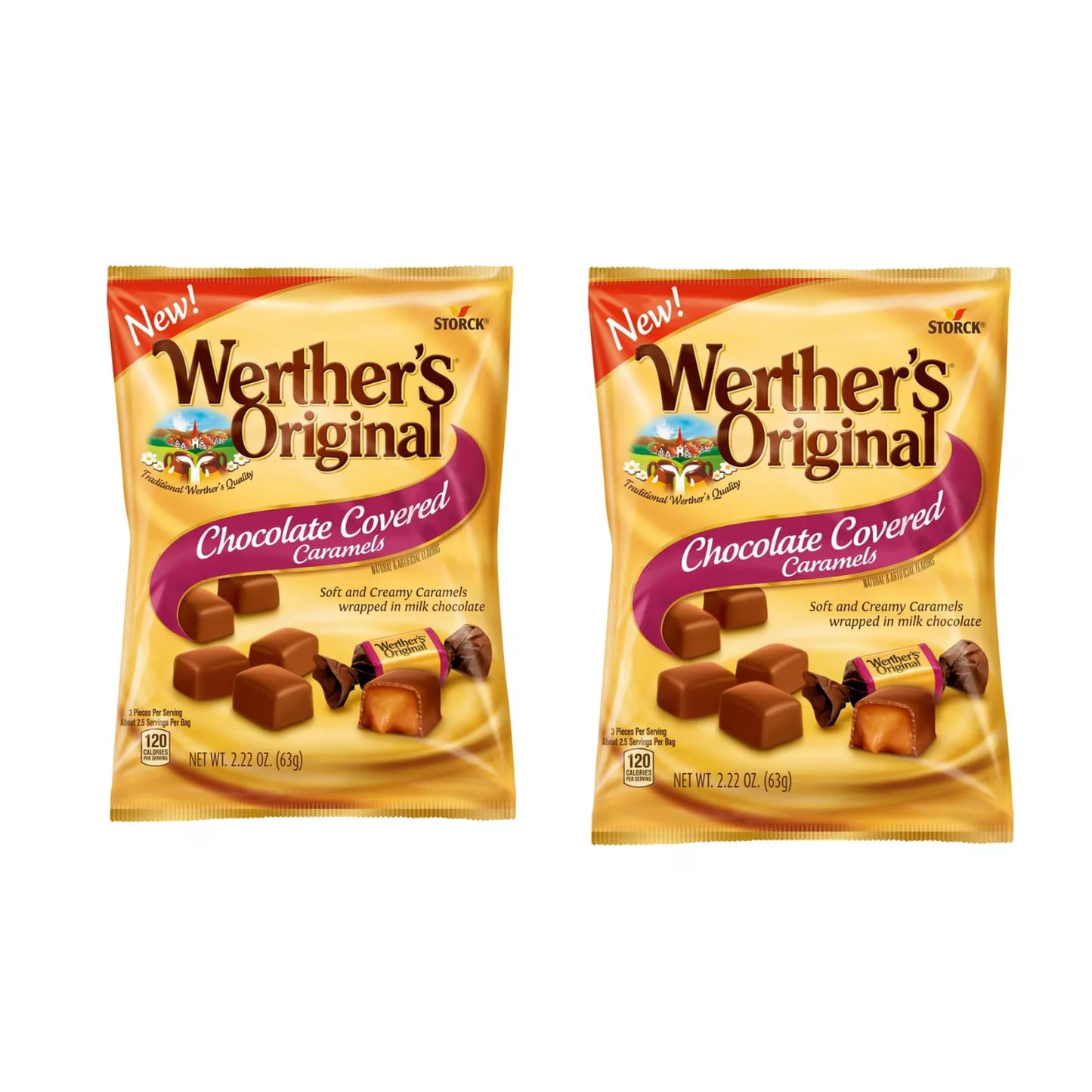 Werther's Original Chocolate Covered Caramels - Individually Wrapped Soft & Chewy Candy Pieces, Sweets for Parties or Holidays - 2.22 oz Bags (Pack