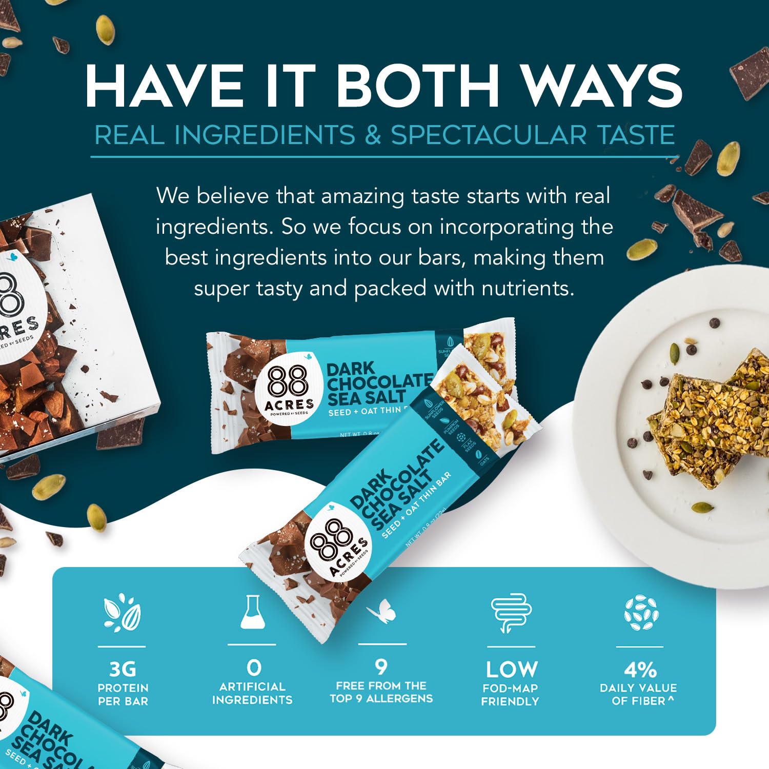 88 Acres Thin Granola Bars, Dark Chocolate Sea Salt, 18 Count, School Safe, Low Calorie, Allergen Free Seed & Oat Snack Bar, Gluten & Nut Free, Vegan