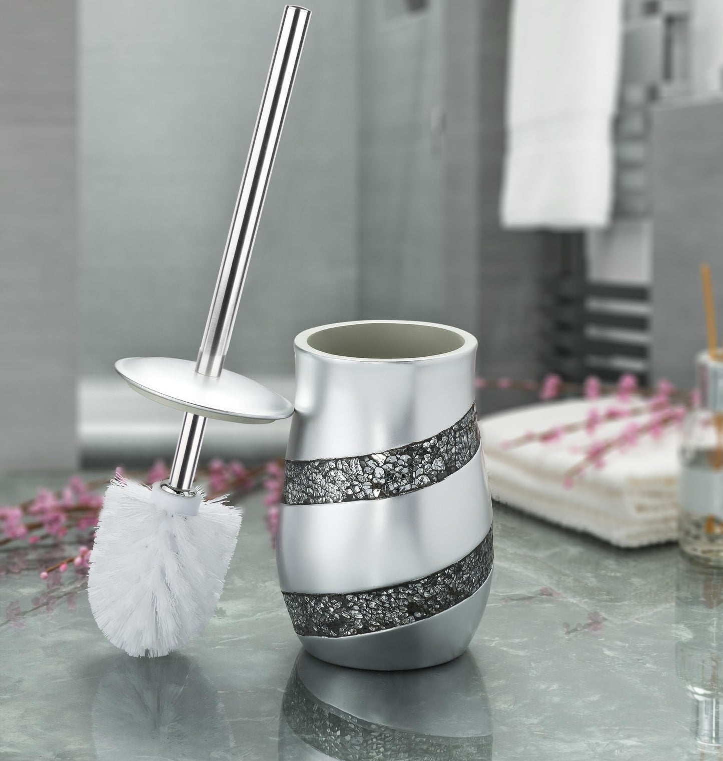 Creative Scents Silver Mosaic Toilet Brush and Holder Set - Toilet Bowl Brush and Holder, Sturdy Toilet Cleaner Brush with Stainless Steel Handle
