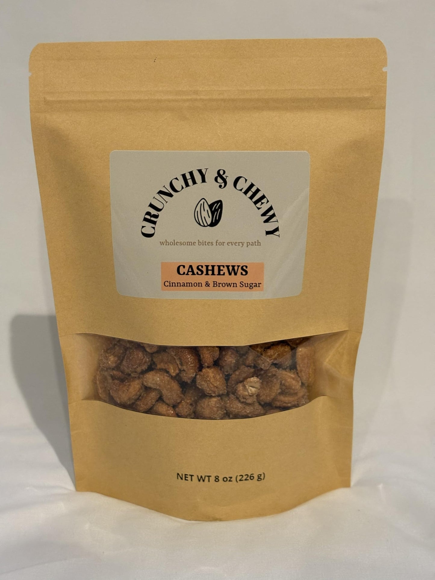 Crunchy & Chewy Handcrafted Candied Cashews, Cinnamon & Brown Sugar (8 oz)
