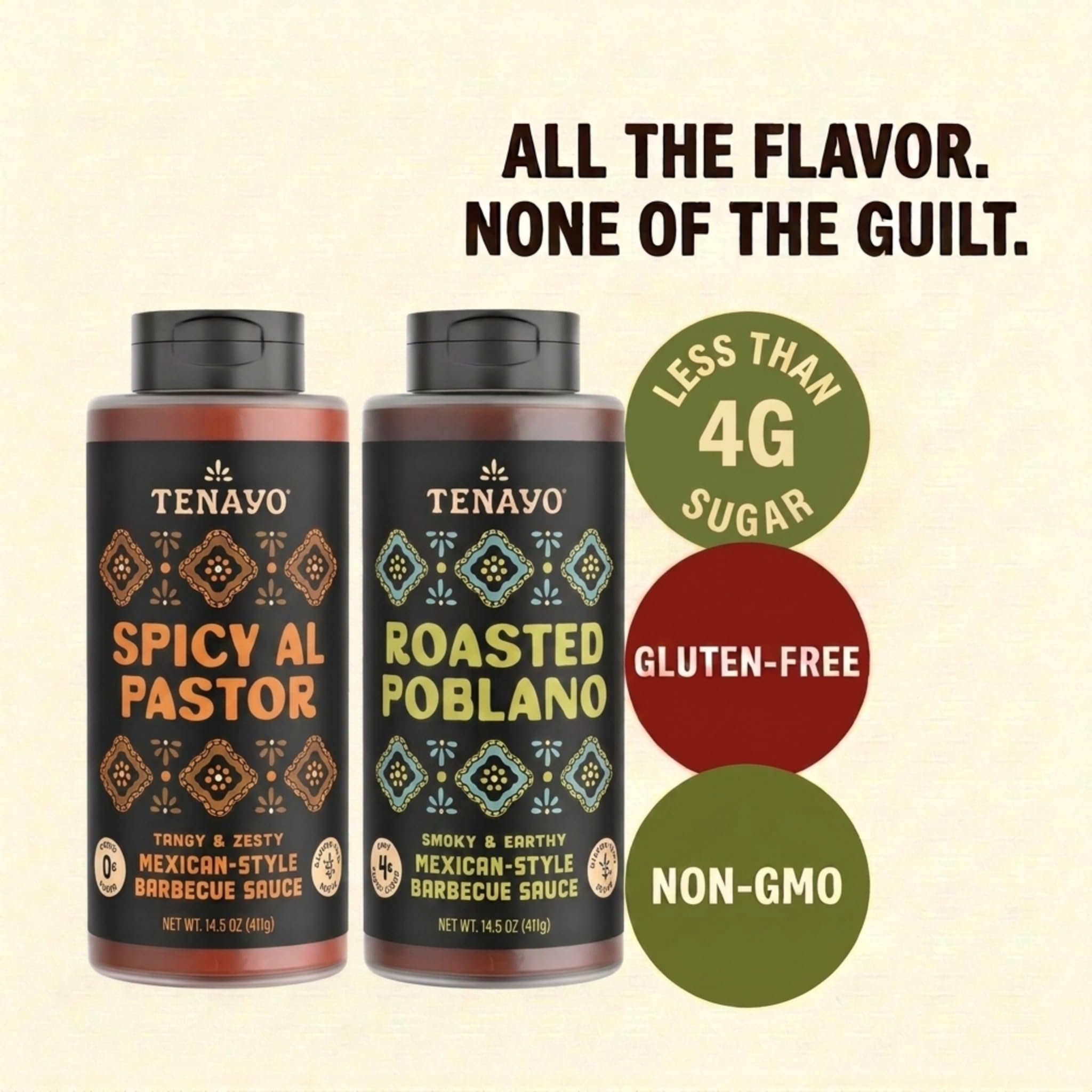 Tenayo Spicy Al Pastor & Roasted Poblano Barbecue Sauce 2-Pack (14.5 oz Bottles) - Mexican Style Sauce Duo with Pineapple, Chipotle & Roasted Poblano