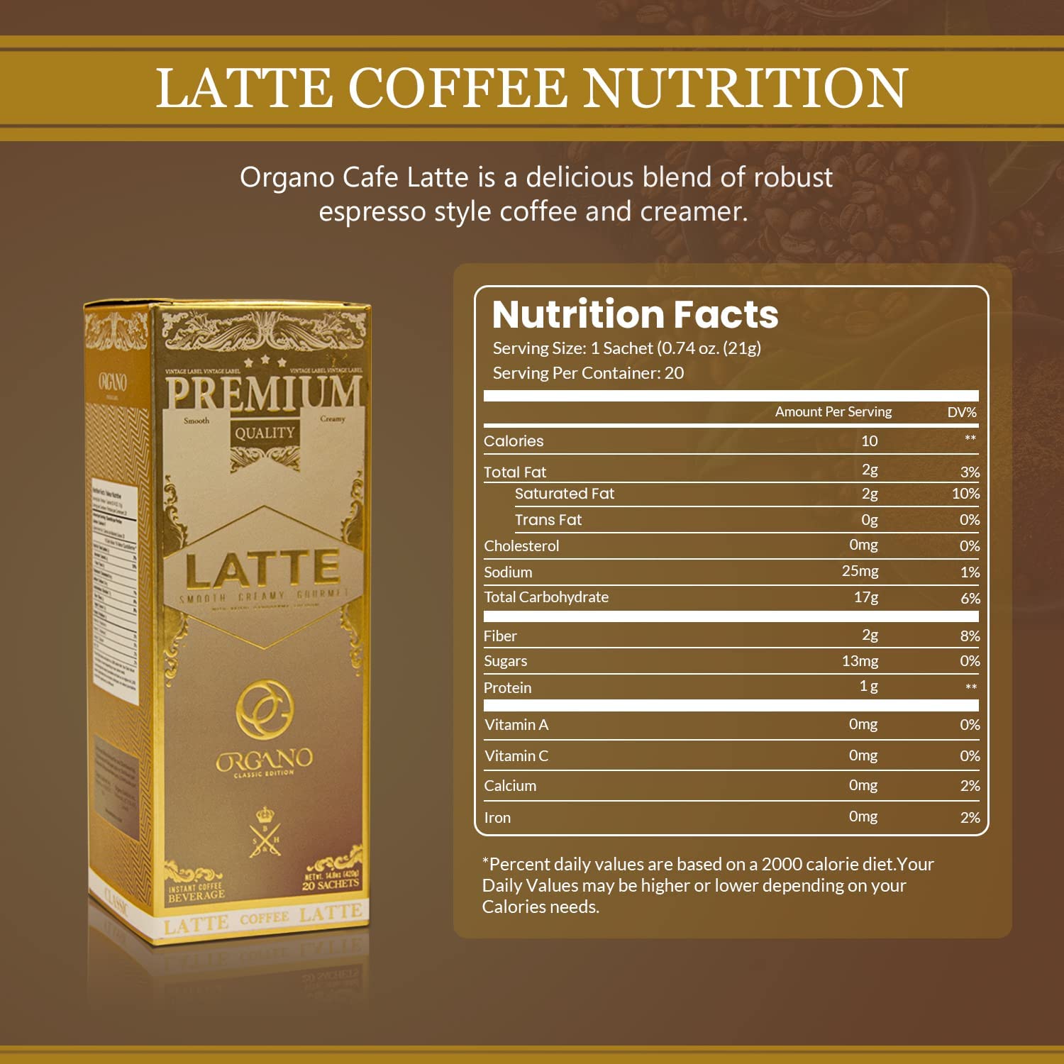 ORGANO Combo Pack, 1 box Cafe Latte and 1 Box Cafe Mocha 100% Certified Organic Gourmet Coffee