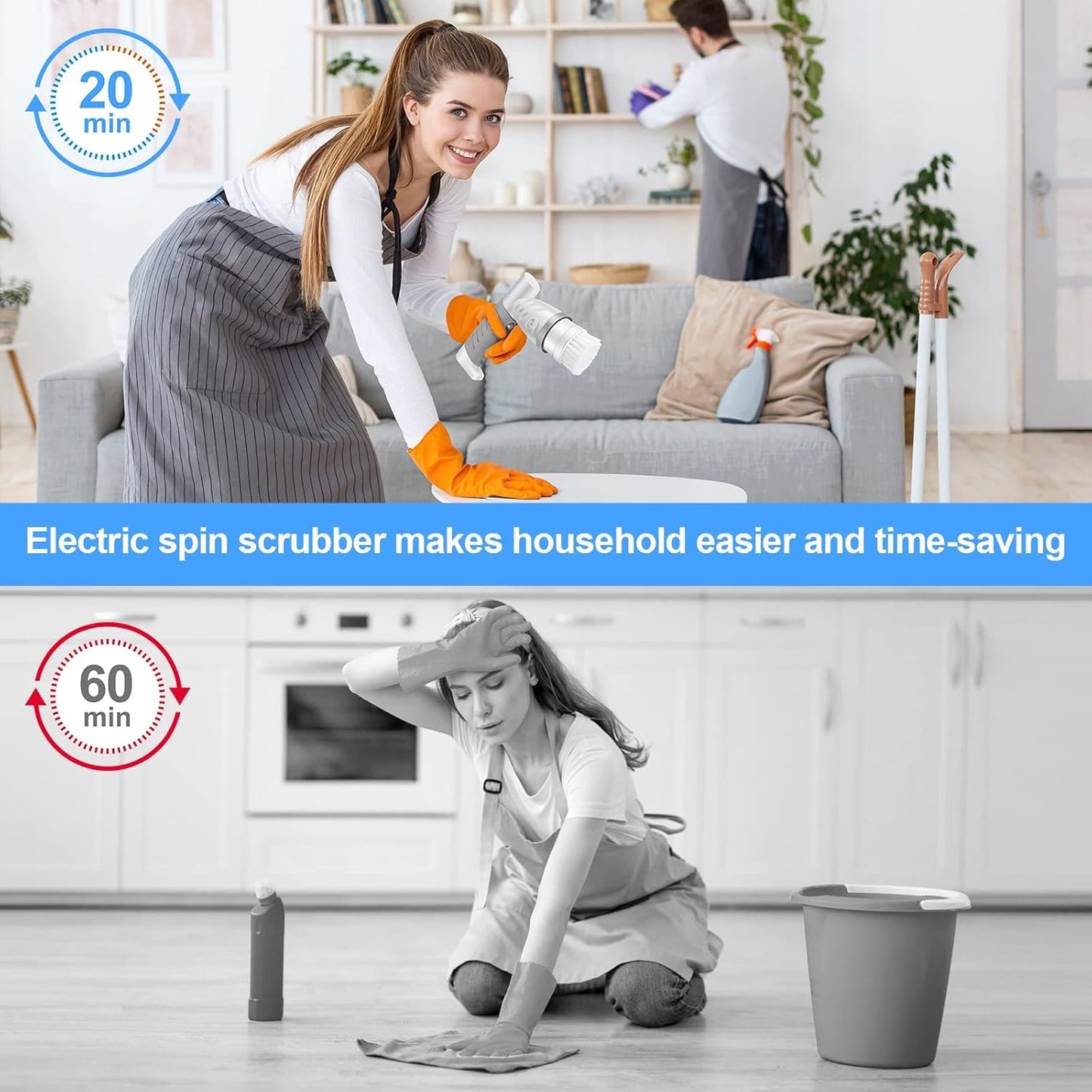 Electric Spin Scrubber, Shower Scrubber with Handle, Waterproof Portable Bathroom Cleaner Brush, Cordless Electric Cleaning Brush with 5 Replaceable