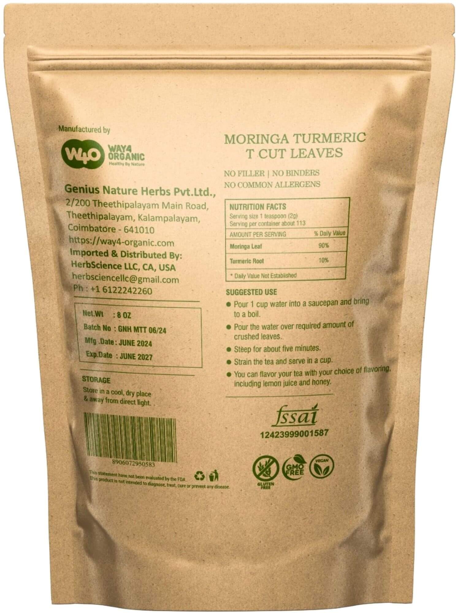 Moringa Leaves Tea with Turmeric 8 oz, Boost Immunity, Caffeine Free, One Tea with Two Benefits (Pack of 2)
