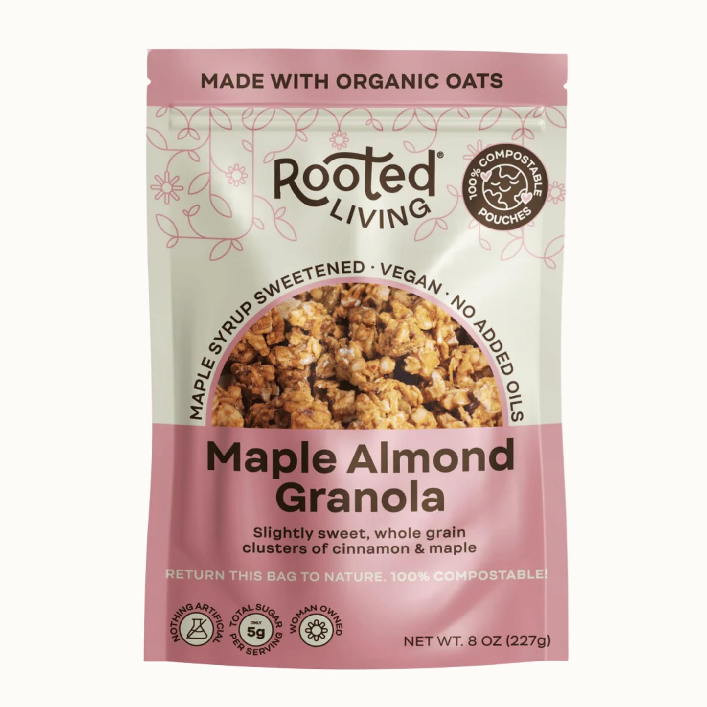 Rooted Living Maple Almond Granola, 8 Oz, Organic Rolled Oats and Sweetened with Maple Syrup, Healthy Vegan Snack, Topping, or Breakfast, Plant Based