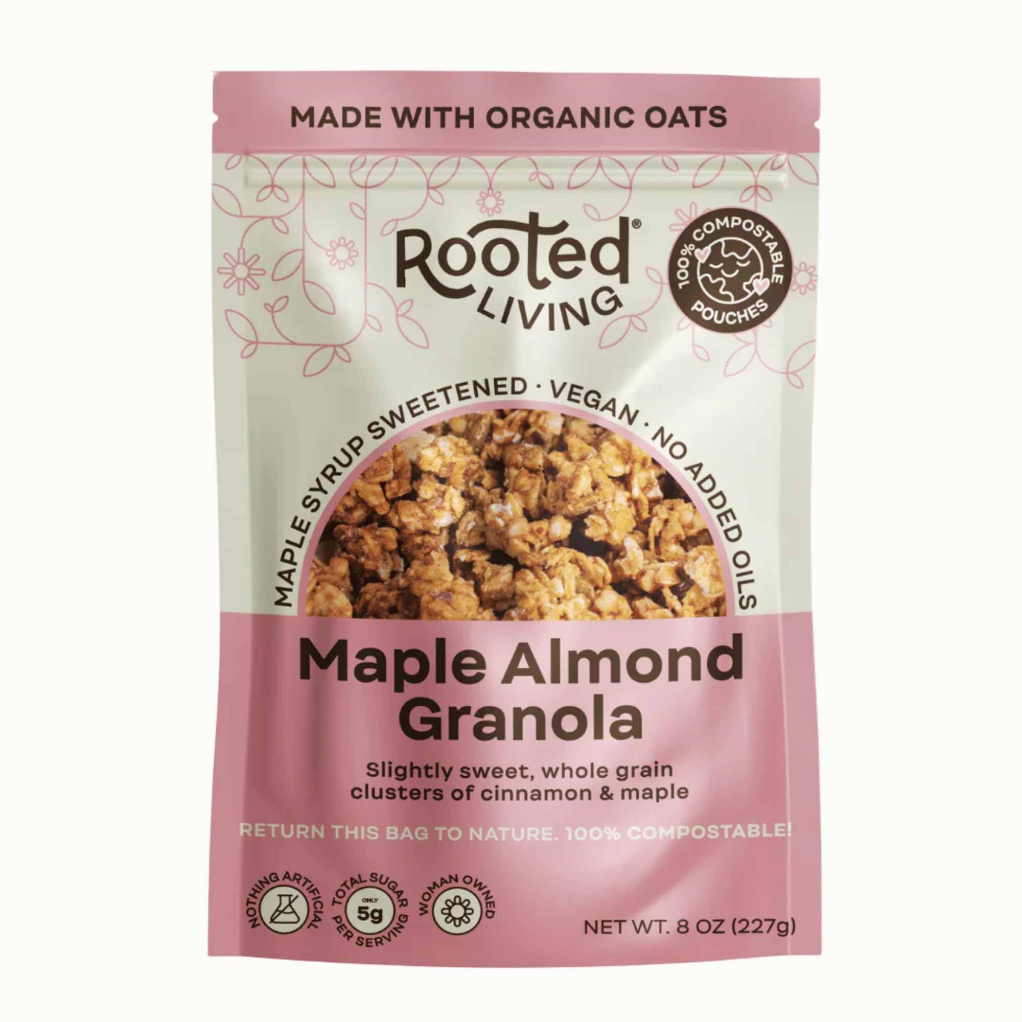 Rooted Living Maple Almond Granola, 8 Oz, Organic Rolled Oats and Sweetened with Maple Syrup, Healthy Vegan Snack, Topping, or Breakfast, Plant Based